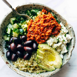 Mediterranean Quinoa Bowls with Roasted Red Pepper Sauce