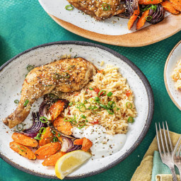 Mediterranean Roasted Chicken Legs with Tomato Orzo, Roasted Carrots, and Y