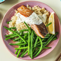 Mediterranean Salmon with Creamy Dill Sauce, Green Beans, and Za’atar Cousc