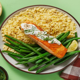 Mediterranean Salmon with Creamy Dill Sauce, Green Beans, and Za’atar Cousc