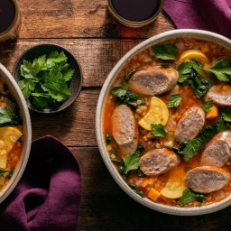 Mediterranean sausage and lentil stew with squash and wilted kale