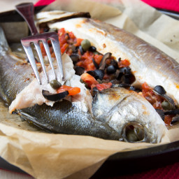 Mediterranean Sea Bass Recipe Stuffed with Tomatoes, Lemons and Olives