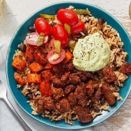 Mexican Beef & Rice Bowls with Creamy Guacamole & Tomato Salsa