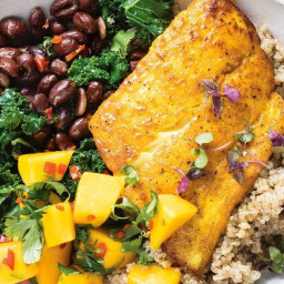 Mexican bowl with turmeric fish and spicy mango salsa