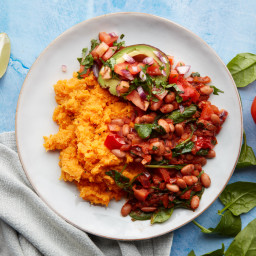 Mexican pinto beans and salsa stuffed avocado