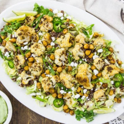 Mexican Roasted Cauliflower & Chickpea Salad with Shredded Brussels Sprouts