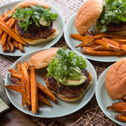 Mexican Spiced Turkey Burgerswith Roasted Sweet Potato Fries and Lime Mayon