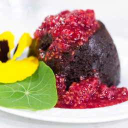 Microwavable Molten Chocolate Lava Cake with Raspberry Sauce