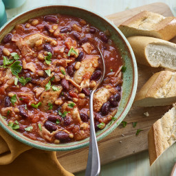 Microwave sausage and bean stew with crusty bread 