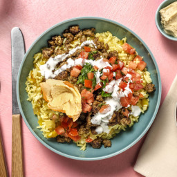 Middle Eastern-Inspired Beef Bowls with Hummus and Spiced Rice