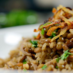 Middle Eastern Lentils and Rice w/ Crispy Onions