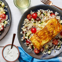 Middle Eastern Spiced Cod with Brown Rice, Dates,  & Lemon-Yogurt Sauce