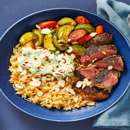 Middle Eastern Steak & Rice Pilaf with Tzatziki, Almonds & Smoky Roasted Ve