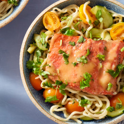 Miso-Butter Salmon and Lo Mein Noodleswith Cucumber and Charm Tomatoes