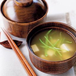 Miso soup with tofu and snow peas