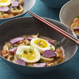 Miso Udon Noodle Soup with Purple Daikon, Bok Choy & Soft-Boiled Eggs