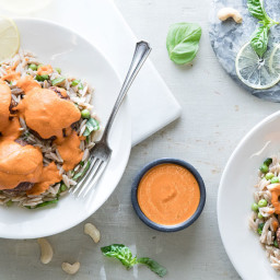 Miso-Walnut Meatballs with Lemon Basil Orzo and Roasted Pepper Sauce
