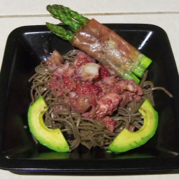 Mixed Seafood with Raspberries over Soba Noodles
