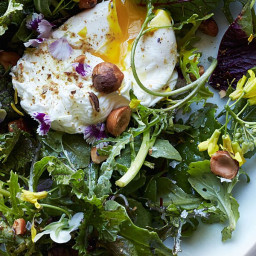 Mixed Greens with Poached Eggs, Hazelnuts and Spices Recipe