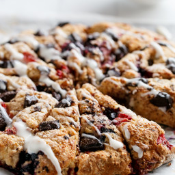 Mixed Berry and Chocolate Chunk Buttermilk Scones with a Cream Cheese Glaze