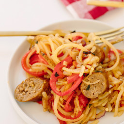 Mom’s Spiralized Peppers, Onions, and Potatoes with Sausage