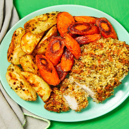 Monterey Jack Un-Fried Chicken with Roasted Carrots, Potato Wedges & Srirac