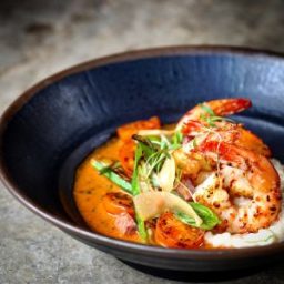 Mopho's Shrimp and Smoked Paprika Curry over Cheesy Grits