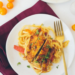 Moroccan Chicken and Roasted Red Pepper Zucchini Pasta