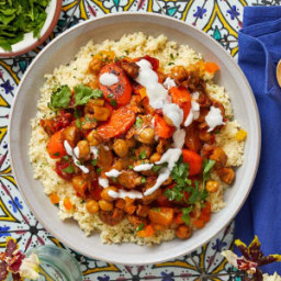 Moroccan Chicken Sausage Tagine with Dried Apricots and Chickpeas over Cous