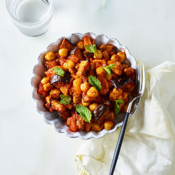 Moroccan Chicken Tagine with Eggplant, Peppers and Chickpeas