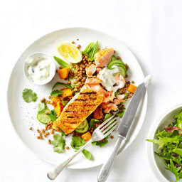 Moroccan salmon with lentil salad
