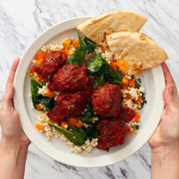 Moroccan-Spiced Meatballs with Spinach, Couscous, and Homemade Pita Chips
