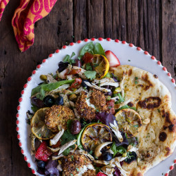 Moroccan Chicken Salad with Pistachio Crusted Fried Goat Cheese + Garlic Na