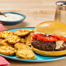 Mozz-Stuffed Caprese Burgers with Griddled Tomato, Basil Sauce & Parmesan P