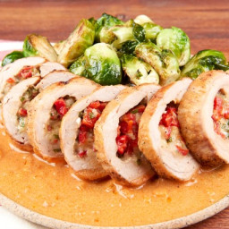 Mozzarella and Red Pepper Stuffed Pork Tenderloinwith roasted Brussels spro
