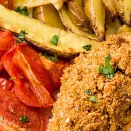 Mozzarella-Crusted Chicken with Blistered Tomatoes and Potato Wedges