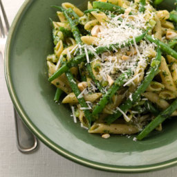 Multi-Grain Penne with Hazelnut Pesto, Green Beans, and Parmesan
