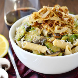 Mushroom and Brussels Sprouts Penne with Crispy Fried Shallots
