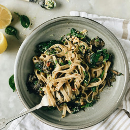 Mushroom and Spinach Fettuccine with Lemon and Walnuts