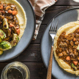Mushroom Bourguignon with Creamy Polenta & Roasted Brussels Sprouts