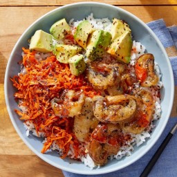 Mushroom Tempura & Avocado Rice Bowl with Spicy Marinated Carrots