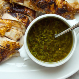 Mustard-and-Soy Roast Chicken with Carrot Top Chimichurri