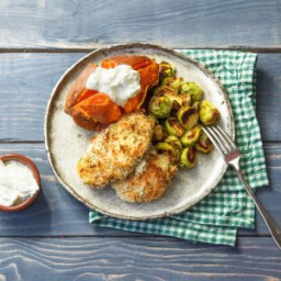 Mustard-Breaded Chicken Thighs with Brussels Sprouts and Sweet Potatoes