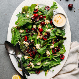 Mustard Green Cherry Salad with Nut Cheese and Tahini Dressing