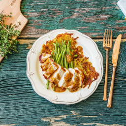 Mustard Pork Chops and Potato Rosti with Tender Green Beans
