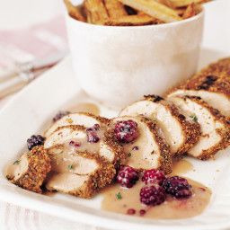 Mustard-Rubbed Pork with Blackberry-Mustard Sauce and Spiced Oven Fries