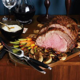 Mustard-Seed-Crusted Prime Rib Roast with Roasted Balsamic Onions