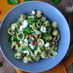 Nettle Pasta with Leeks, Hazelnuts, and Goat Cheese