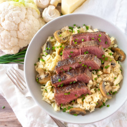 New York Striploin over Cauliflower Risotto with Mushrooms