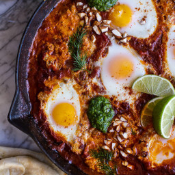 Northern Indian Style Baked Eggs with Green Harissa + Naan.